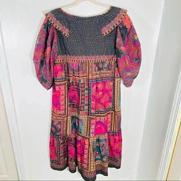 NEW Farm Rio Mixed Scarves Patchwork Frill Short Sleeve Midi Dress Bohemian - Picture 7 of 7